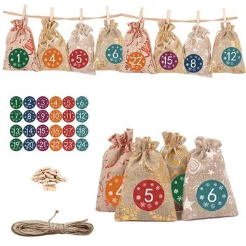 

24pcs Christmas Gift Bag Calendar Countdown Jute Bag Candy Bag DIY Xmas Advent Calendar Bag Calender avent