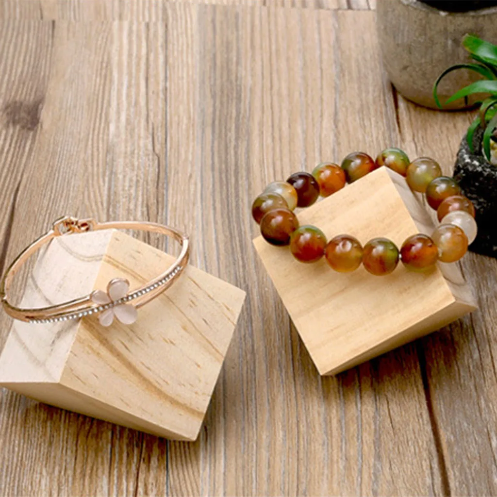 Natural Wooden Square Block Bracelet Display Storage Unpainted Jewelry Holder Showcase