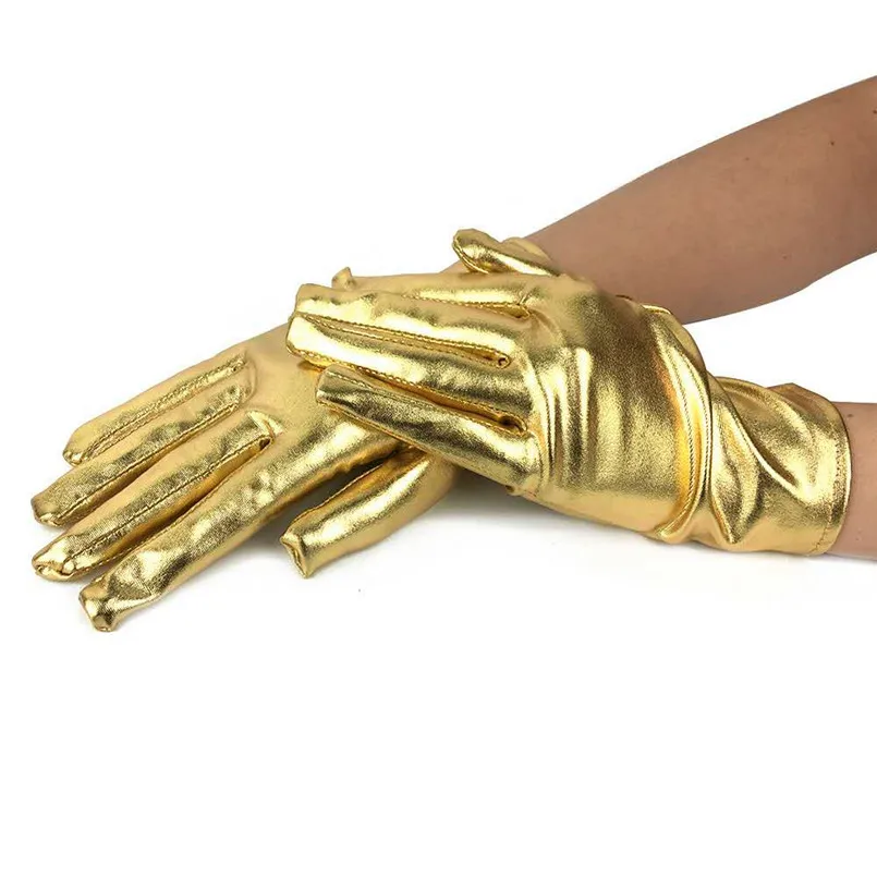 Модные женские кожаные перчатки, Короткие Вечерние перчатки, унисекс, наручные перчатки для велоспорта, роскошные золотые/серебряные готические перчатки