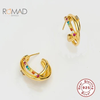 

ROMAD Stud Earrings For Women 925 Sterling Silver Punk Style Triple Half Round Earring Women Jewelry Aretes De Mujer