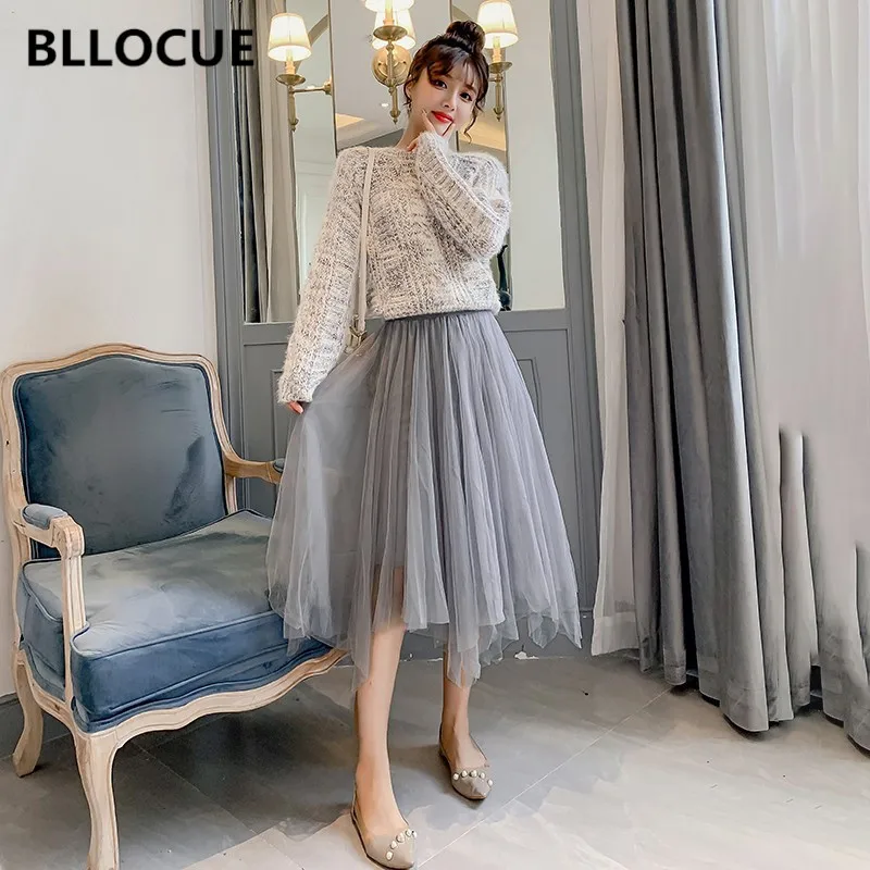 

BLLOCUE 2019 Autumn Winter Korean Women Version Of Furry Color Long sleeve Knitted Sweater+Wild Mesh Skirt Suit 2 Piece Set