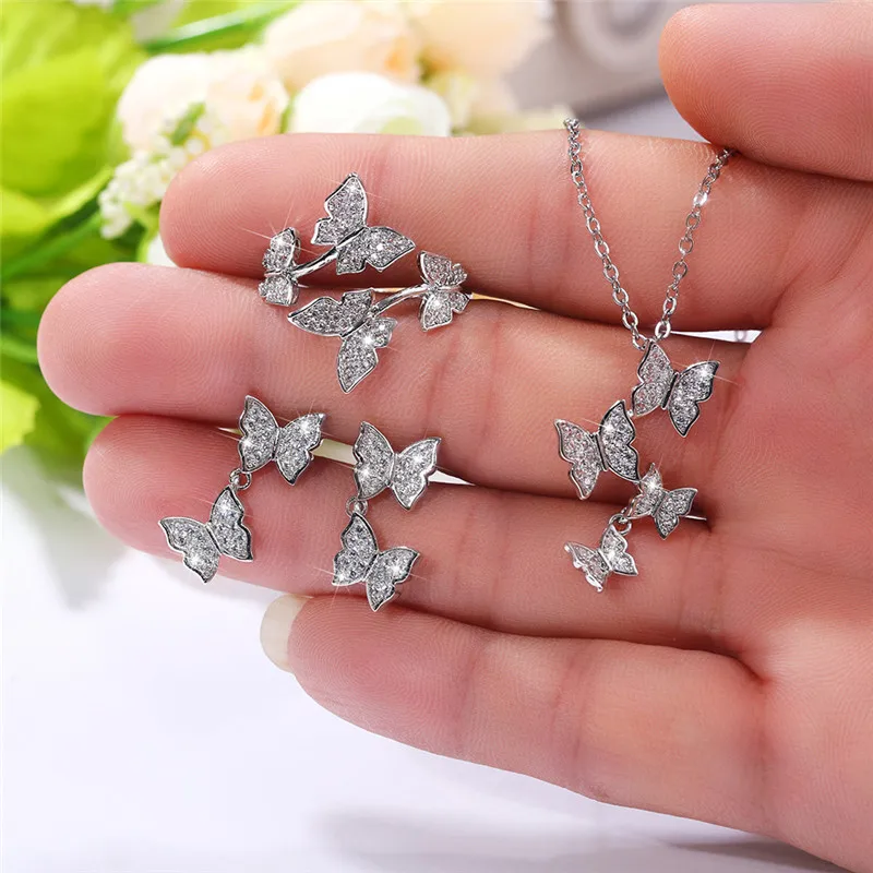 

Butterfly Jewelry Set Charm Stud Earring Choker Necklace for Women Girls Shinying Crystal Ring Gifts for Party Anniversary Day