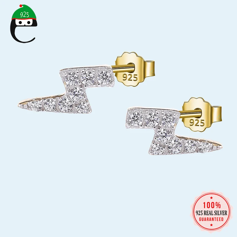 ElfoPlataSi Genuine 925 Sterling Silver Minimalist Gold Lightning Dazzling CZ Stud Earring For Women Fine Jewelry Brincos DS1812 | Украшения