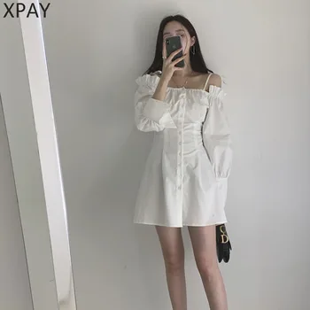 

2020 New Sexy Casual Slender French Summer Slash Neck Fresh Sweet Vintage Elegant Full Sleeves Women Mini Dresses