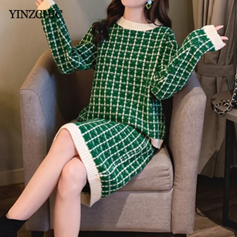 

Chic Winter Plaid Knit Suits Women O-neck Loose Sweater Pencil Skirt Sets for Lady Warm Female Knit Two-pieces Set Autumn