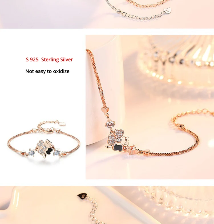 Модные Роскошные браслеты удача Четырехлистный Клевер розовое золото цветок браслеты Высокое качество начальные женские браслеты с кристаллами
