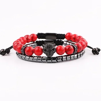 New Design Bracelet Men Red Turquoise Stone Hematite Beads CZ Pave Leopard Charm Macrame Bracelet Men Women