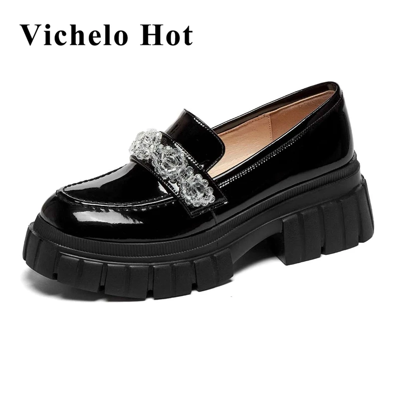 

Vichelo Hot cow patent leather bright round toe high heels European style beauty lady daily wear breathable cozy women pumps L36