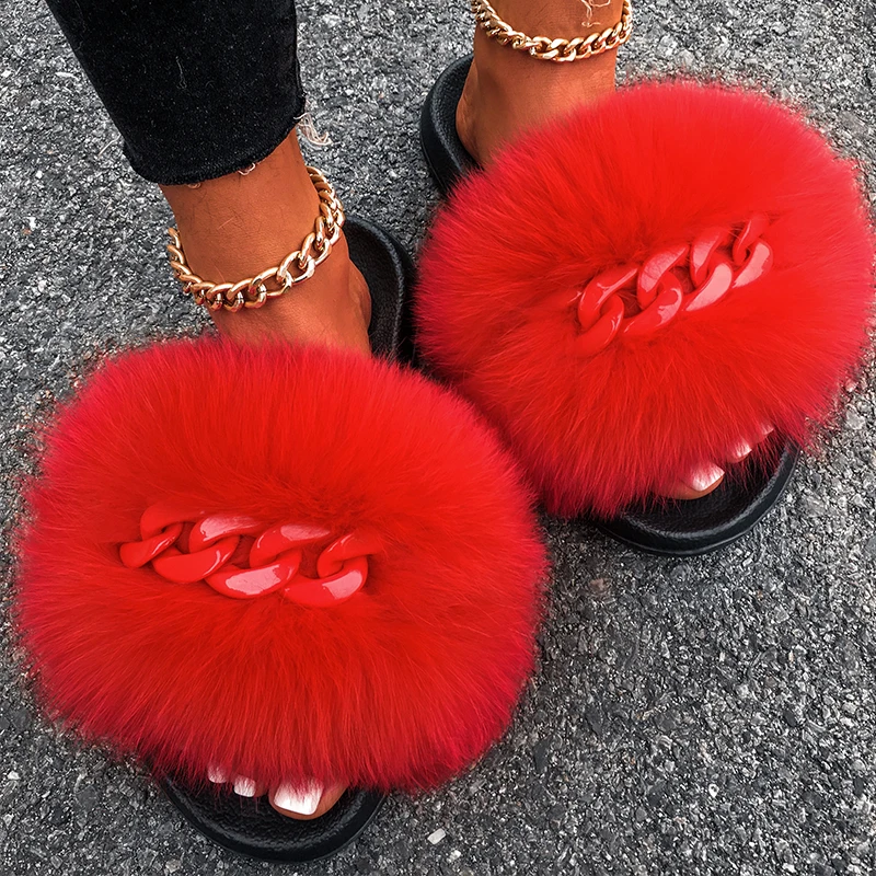 Real Fox Fur Slippers Fluffy Flip Flops Shiny Chain Plush Slippers Furry Fur Slides House Beach Flat Sandals Women Fashion Shoes