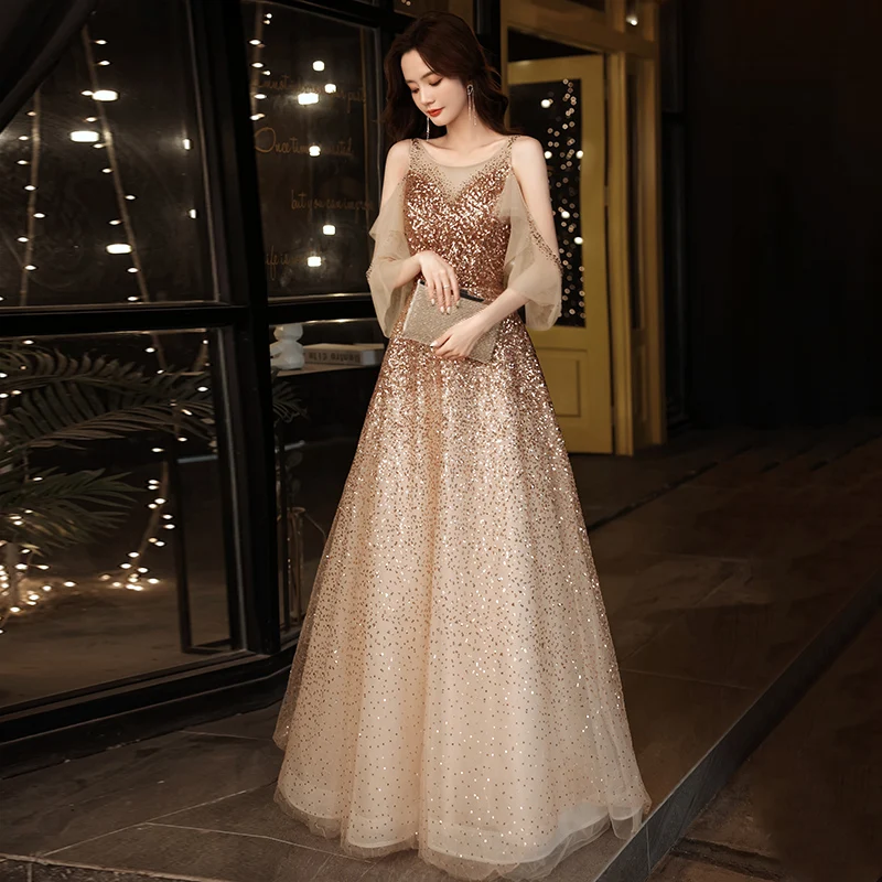 Gold Sequin Long Dresses Evening Wear Elegant O-neck A-line Floor-length  Shiny Sparkly Prom Party Dresses 2021