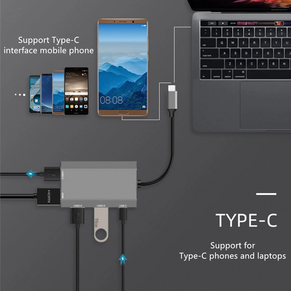 Tebe Тип usb-C концентратор Многофункциональный 5-в-1 USB-C конвертер USB 3,0 высокое Скорость коробка передач/4 K HDMI/PD зарядки для MAC OS/WINDOWS