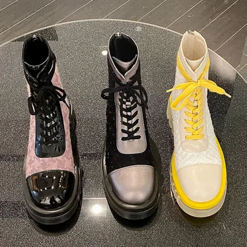 

2020 New Cow Leather Platform Women Ankle Boots Round Toe Patchwork Glitter Riding Booties Spring Autumn Llear Sole Ladies Shoes