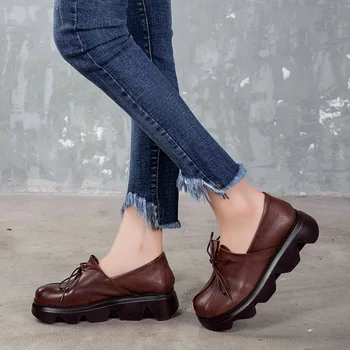 

Women Leather Pumps Casual Low Heels Wedge Shoe For Women Spring Black Loafers Handmade Genuine Leather Women Pumps Retro Shoe