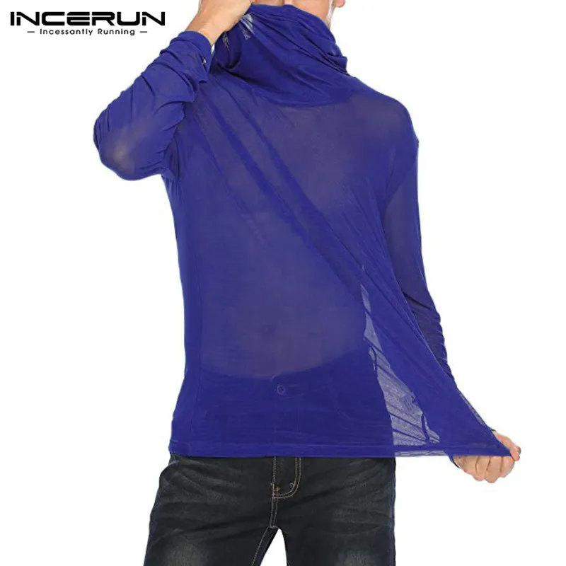 

INCERUN Fashion Sexy Men T Shirt Mesh See Through Party 2020 Nightclub Long Sleeve Scarf Collar T-shirts Men Solid Pullover Tops