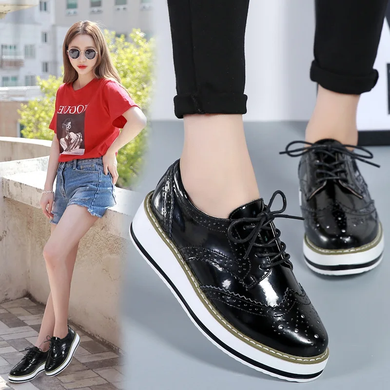 

Spring New Women Platform Shoes Woman Brogue Derby Genuine Leather Flats Footwear Fashion Lace Up Ladies Casual Oxford Shoes