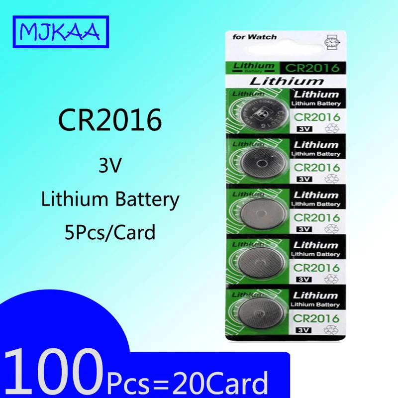 

100Pcs=20Card CR2016 3V Lithium Button Battery Cell Coin Batteries LM2016 BR2016 DL2016 For Watch Electronic Toy Remote
