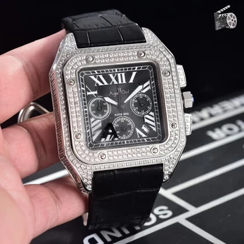 

Classic New Chronograph Men Stopwatch Sapphire Full Iced Diamond Rose Gold Silver Black Brown Leather Limited Classic Watch