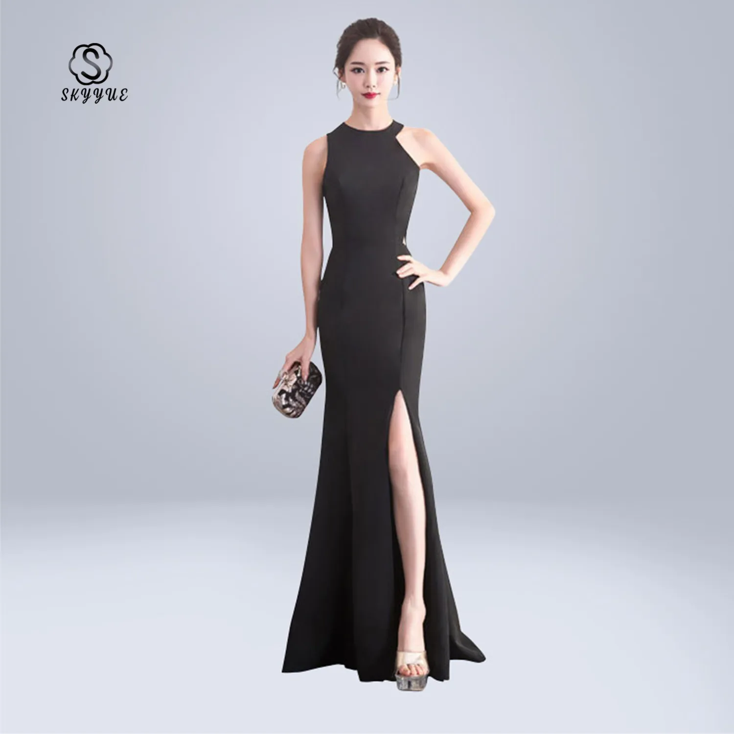 

Skyyue Evening Dress Sexy Split Robe De Soiree Sleeveless Women Party Dresses 2019 Soild Floor Length Elegant Formal Gowns C148