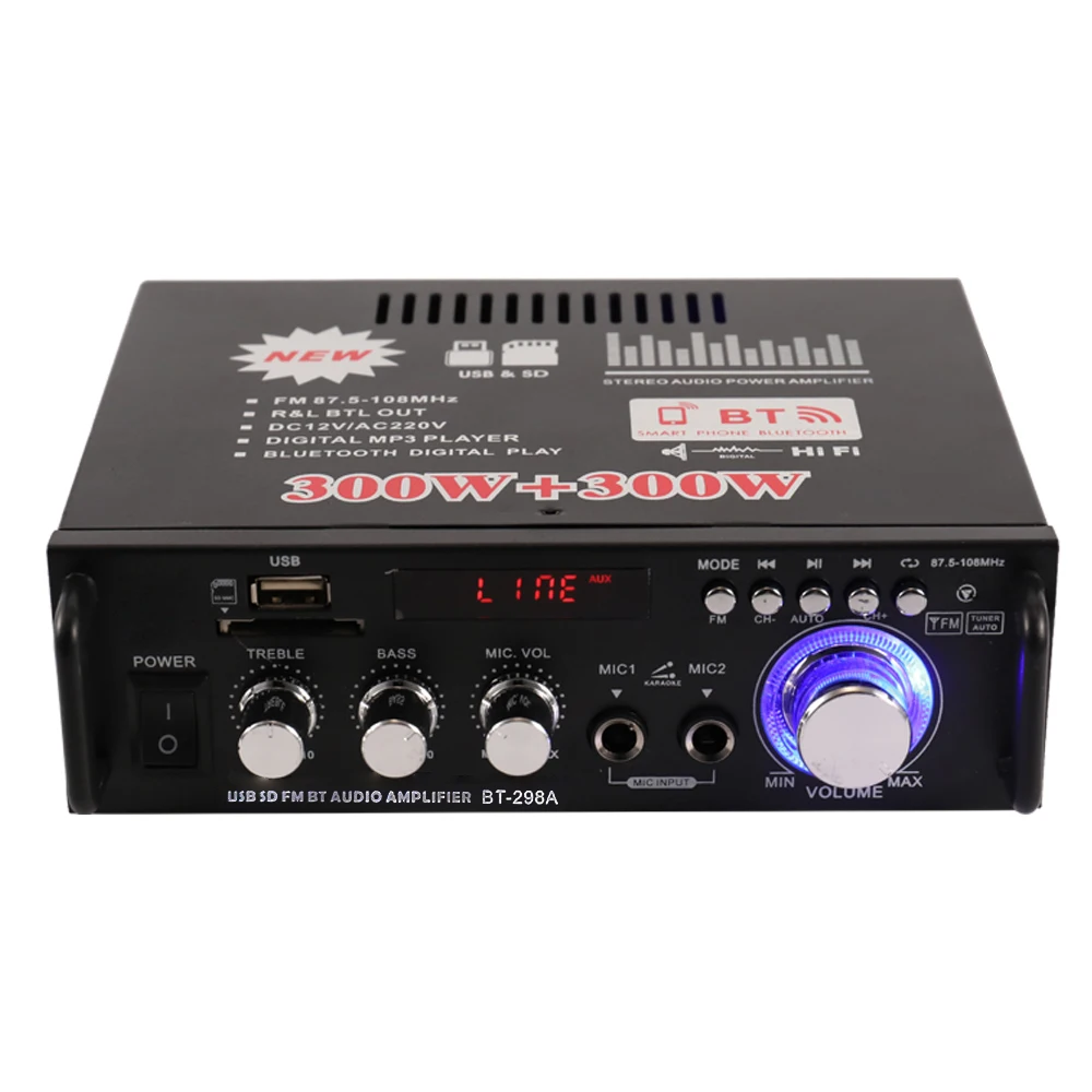 12 В/220 В Мини ЖК-дисплей HIFI аудио стерео bluetooth усилитель fm-радио портативный автомобильный дом 600 Вт Дистанционное управление аудио усилители