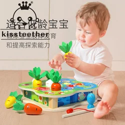 Kissteether Juego de pesca magnético de rábano, juego de bloques de construcción de madera, juguete educativo de escritorio para niños, regalo para bebés