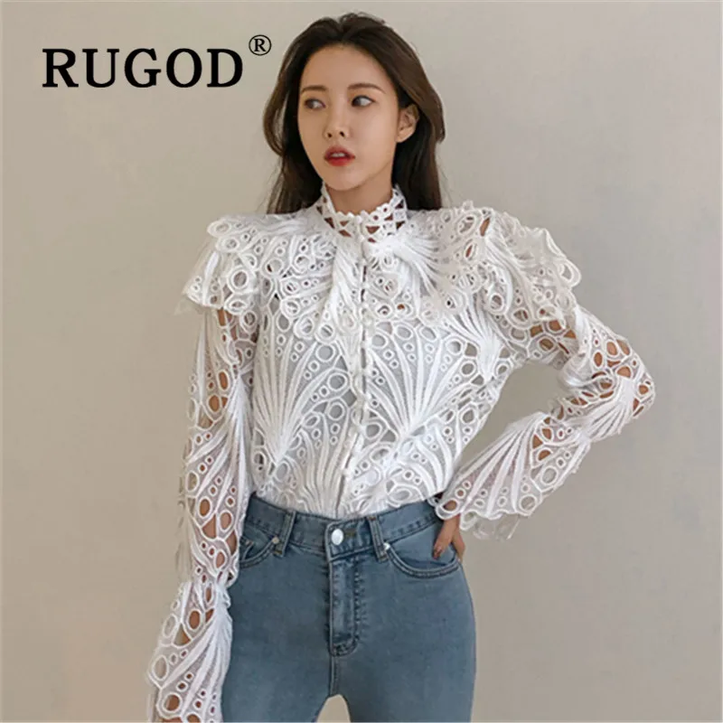 RUGOD, Весенняя блузка с оборками, женские блузки, элегантный топ, корейская модная одежда, женские рубашки, открытая рубашка, Прозрачные топы
