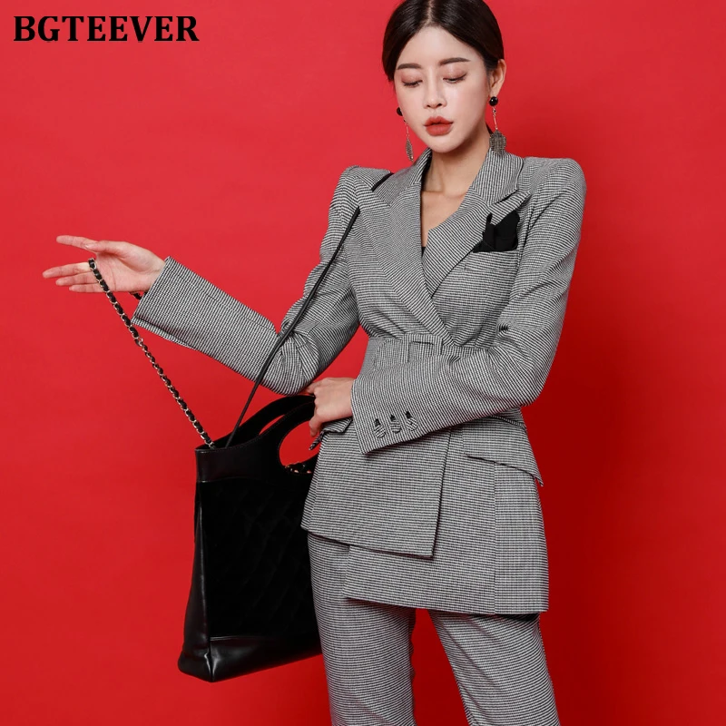 

BGTEEVER Fashion Irregular Sashes Belt Women Pant Suit Plaid Slim Women Blazer Suit Set Female Workwear Trouser Suit 2019 Autumn