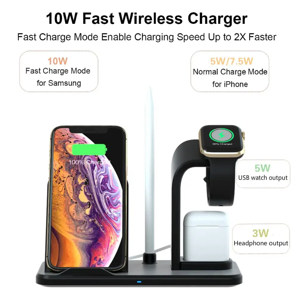 Быстрая зарядка 3 в 1 Qi Беспроводное зарядное устройство для Apple pencil watch 1 2 3 4 Airpods iPhone XS Max XR X 11 Plus samsung S10 S9 Note10
