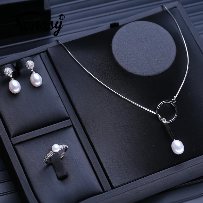 

FENASY Wedding Jewelry Sets Fashion Natural Freshwater Pearl Pendant Necklaces Women Drop Earrings Elegant Silver Color Ring Set