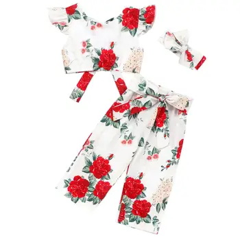 

Baby Girls Gorgerous Suit Short-sleeved T-shirt Top Flower Printed Long Pants And Headband Children Girls Three-piece Suit New