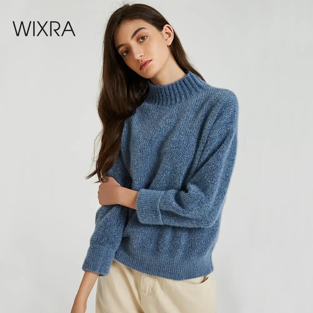 Свитера Wixra Твердые теплые водолазки Повседневная женская вязаный свитер с