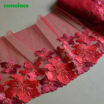 

2Yds/lot 20cm Wide Red Gazue 3D Flower Fluorescent Thread Embroidery High Quality Lace Trim For Garments And Wedding2020080903