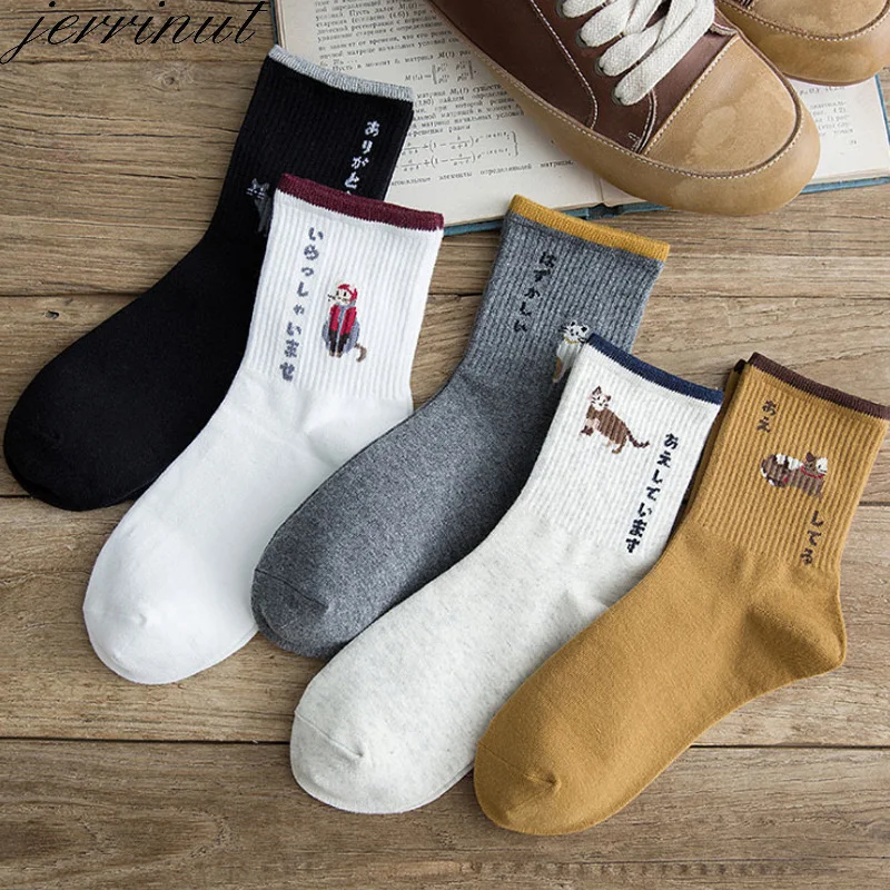 Jerrinut женские хлопковые Веселые носки с принтом Мультяшные носки с символикой аниме осень зима сплошной цвет повседневные теплые носки с кошками 1 пара