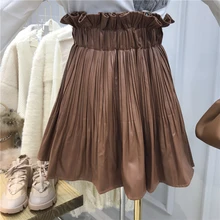 Милая юбка с завышенной талией в виде лотоса, Женская плиссированная юбка, Осень-зима, новая Студенческая юбка из искусственной кожи, Jupe Femme