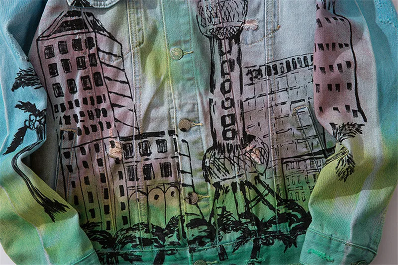 KIMSERE Для Мужчин's рваные джинсы в стиле «хип-хоп» детские джинсовые куртки с отверстиями Марка NEW FASHION Hi Street с принтом «граффити»; джинсовая куртка; Верхняя одежда; роспись Костюмы