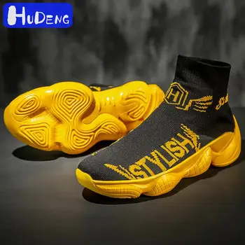 

HUDENG Roman Socks Boots Men Lightweight High Top Men's Sneakers Breathable Slip On Flat Shoes Man Stretch Footwear Brand high I