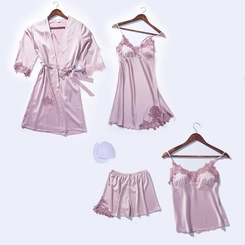 Женская домашняя одежда пижамы 4 шт. ремень топ брюки костюм пижамы наборы женская ночная сорочка соблазнительное кимоно Ночной халат ночная рубашка - Цвет: Розовый