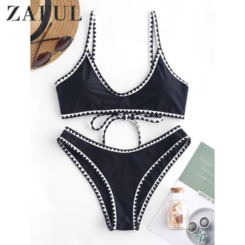 

ZAFUL Contrast Trim Crochet Bikini Set For Women Piping Bikini Set Padded Bikini Basic Summer Spaghetti Straps Two Tone Bikini