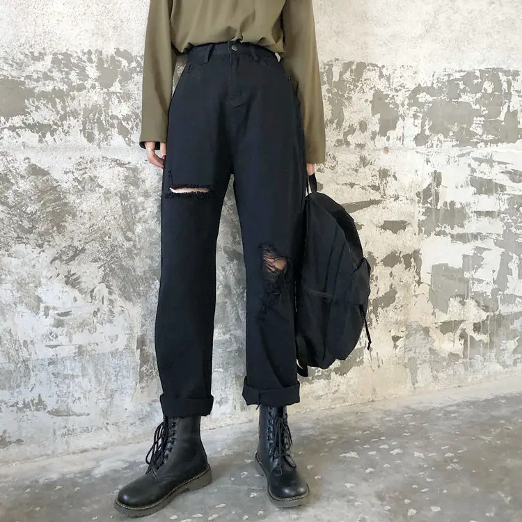 Women High Waist Ripped Jeans Elastic Waist Loose Ladies Straight Street Style Denim Boyfriend Ankle-Length Pants 5XL Plus Size