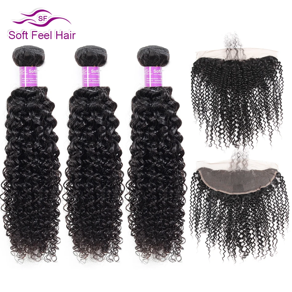 Мягкие на ощупь волосы бразильские кудрявые 3/4 пряди с фронтальной Remy человеческие волосы плетение кружева Фронтальная застежка пряди 4 шт./партия