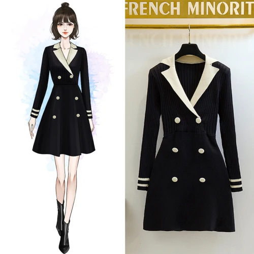 

Women's Elegant Sweater Dress 2019 Fall Hit Color Notched Collar Double-breasted Knitted Female Dress Office Lady Jumper Dress