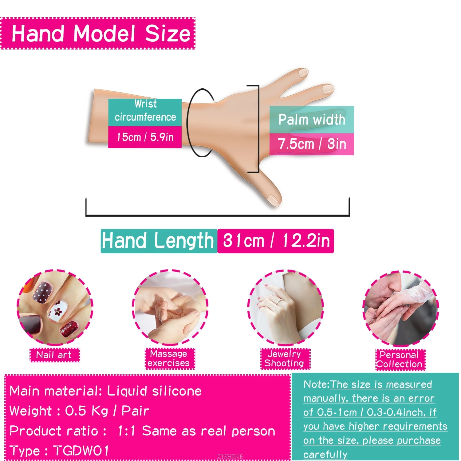 Blood Vessels Female Hand Model Bendable for Art Jewelry Display Fake Nail Practice Liquid Silicone Fingers Bone TGDW01