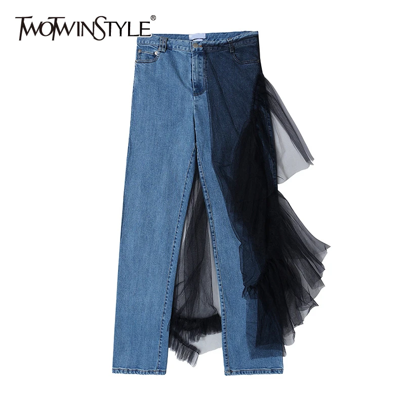 TWOTWINSTYL Casual Patchwork Mesh Full Pant Women High Waist Hit Color Asymmetrical Ruched Jean Female Fashion Clothing 2020 New TWOTWINSTYL Casual Patchwork Mesh Full Pant Women High Waist Hit Color Asymmetrical Ruched Jean Female Fashion Clothing 2020 New