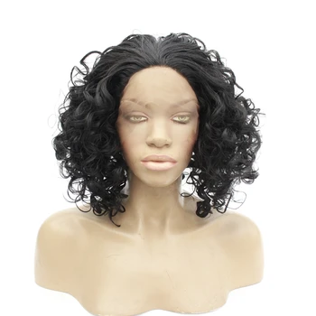 

Curly Bob Black Wigs Short Curly Hair Glueless Hand Tied Lace Front Wig Affordable Synthetic Lace Front Wigs for Women