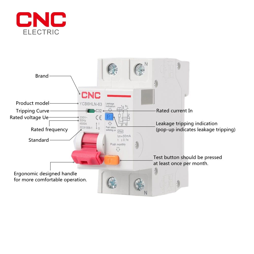 CNC YCB6HLN-63 230V 50/60Hz RCBO 30mA MCB Residual Current Circuit Breaker 16/20/25/32/40/50/63A Over Current Leakage Protection
