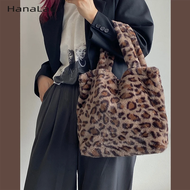 

Vintage Leopard Pattern Women Handbags Large Capacity Soft Plush Ladies Shoulder Bags Fashion Winter Female Casual Tote Purse
