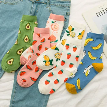 

6 Pairs Spring Autumn Cartoon Socks Fruit Watermelon Lemon Strawberry Banana Avocado Women Socks Korean Style Female Crew socks