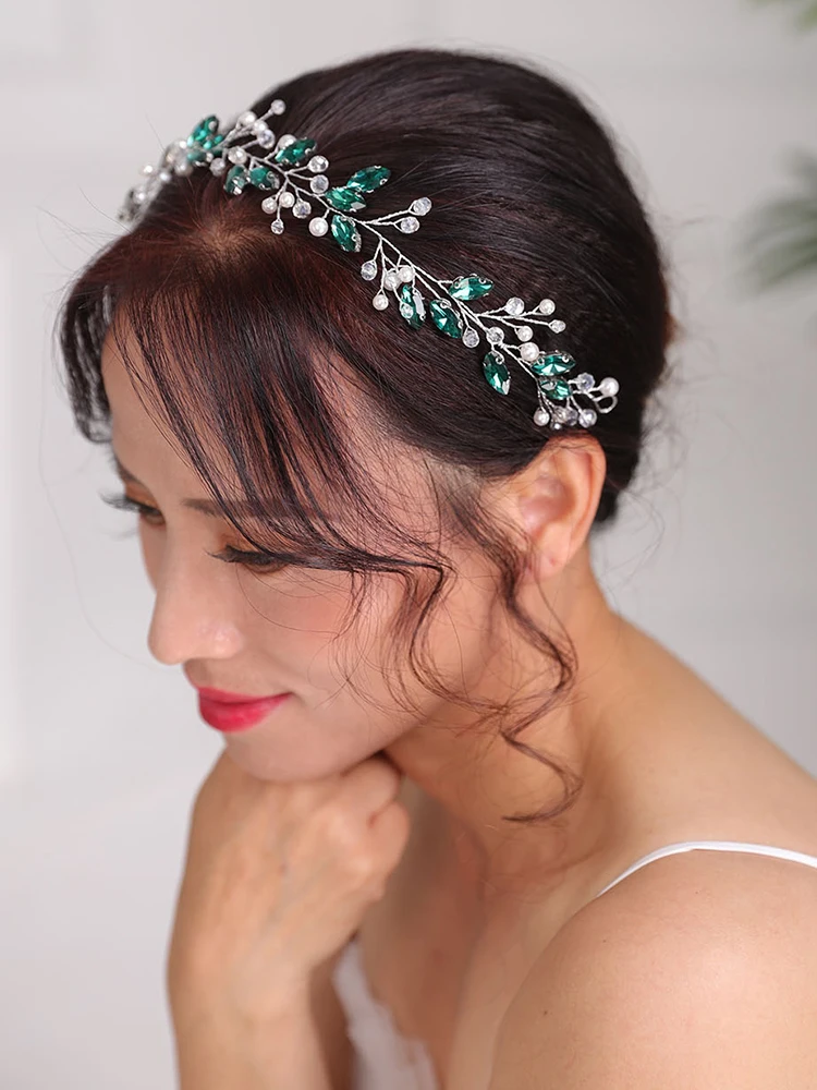 Bohemian Hair Band Green Hair Jewelry Rhinestone Crystal Headpieces Party For Women Bridal Headwear Wedding Accessories