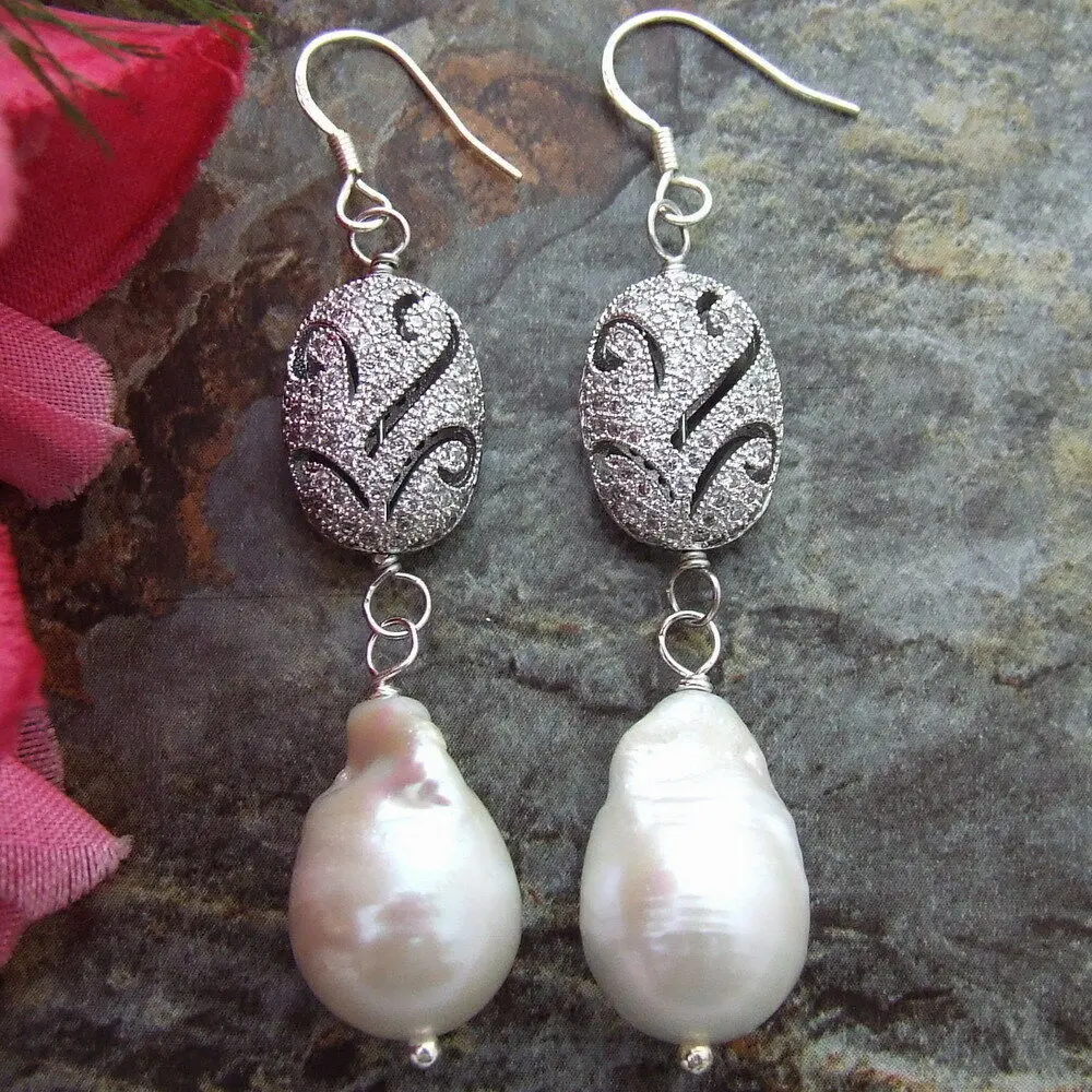 

White Keshi Pearl Earrings 925 Silver Hook Cz Connector