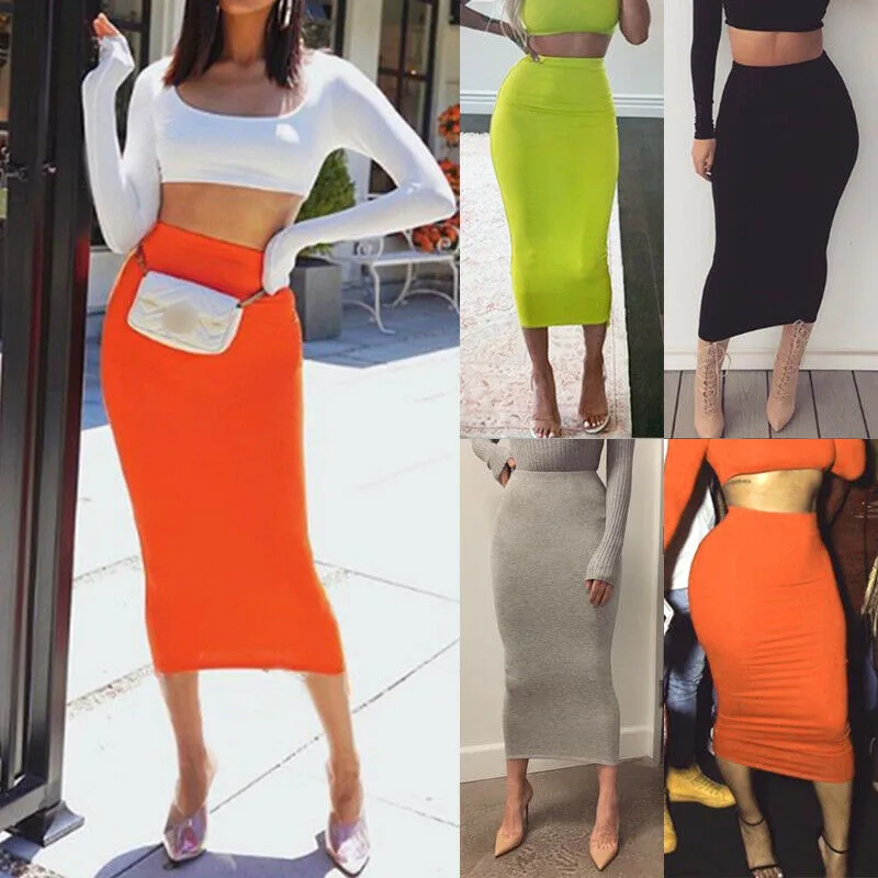 Brand New Women Office Midi Pencil Skirt Stretch Bodycon Tube Ladies Solid Skinny Plus Size High Waist Autumn Fashion Hot 2019