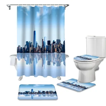 

City Reflection New York Urban Shower Curtains Set Bath Mat Set Toilet Cover Waterproof Shower Curtain Set Bath Mats Rugs